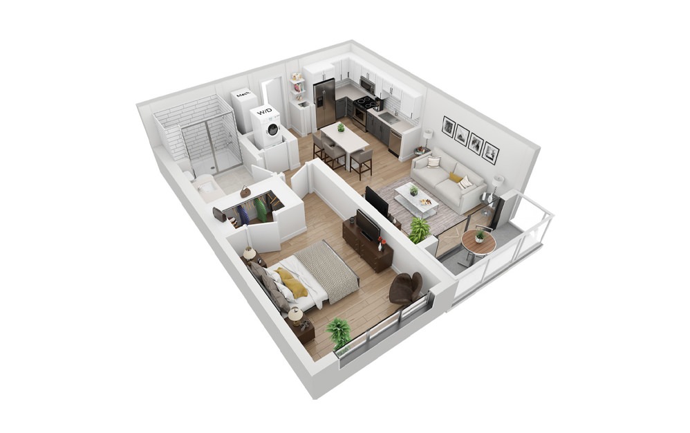 A1 - 1 bedroom floorplan layout with 1 bathroom and 666 square feet (3D)