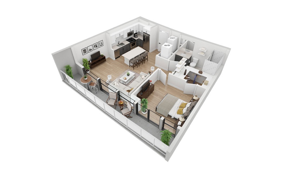 A2 - 1 bedroom floorplan layout with 1 bath and 730 square feet. (3D)