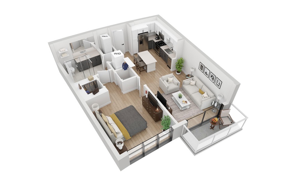 A3 - 1 bedroom floorplan layout with 1 bath and 715 square feet. (3D)