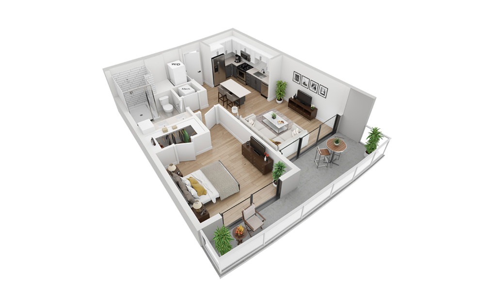 A4 - 1 bedroom floorplan layout with 1 bathroom and 693 square feet (3D)