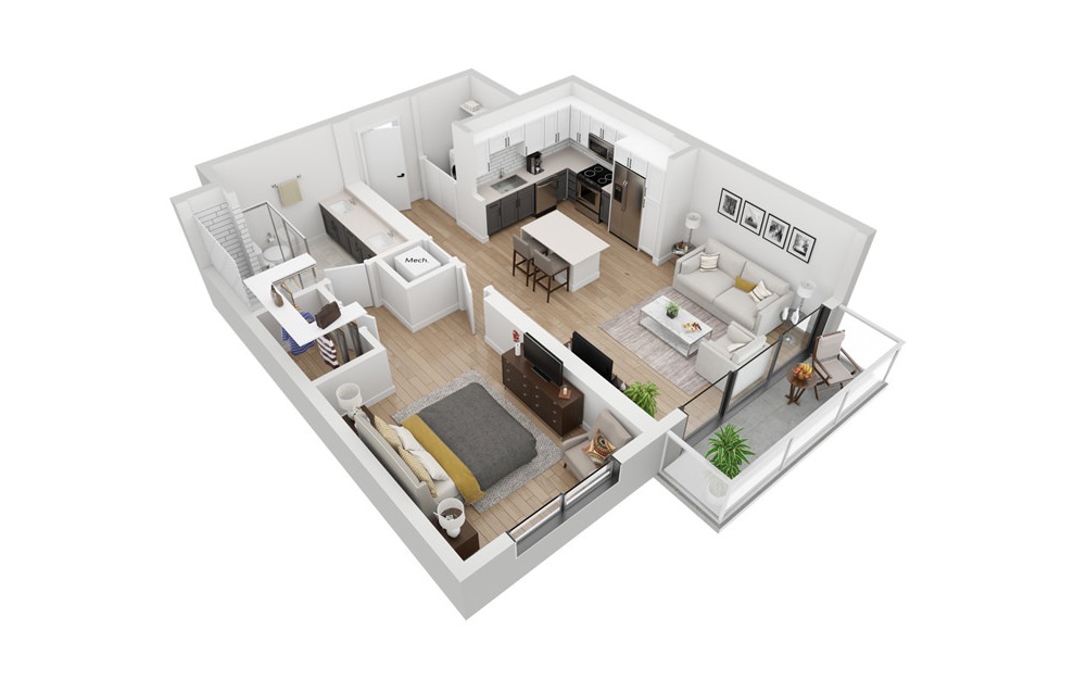 A5 - 1 bedroom floorplan layout with 1 bath and 797 square feet. (3D)