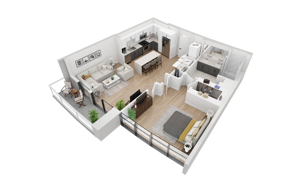 A6 - 1 bedroom floorplan layout with 1 bath and 860 square feet. (3D)