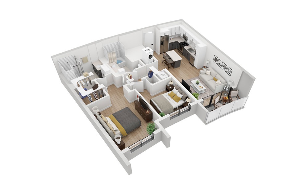 B2 - 2 bedroom floorplan layout with 2 bathrooms and 948 square feet (3D)