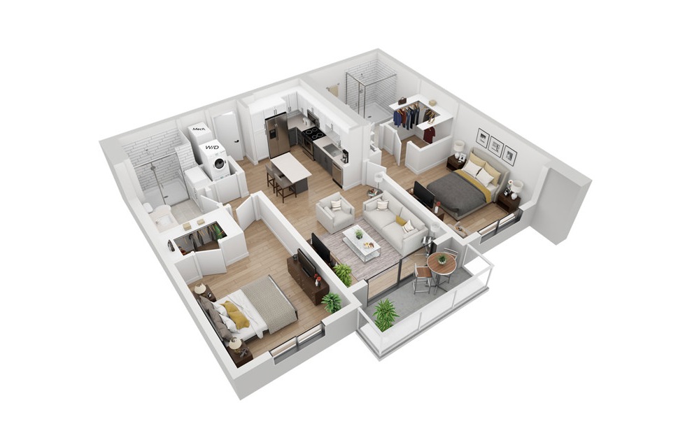 B3 - 2 bedroom floorplan layout with 2 baths and 1031 square feet. (3D)