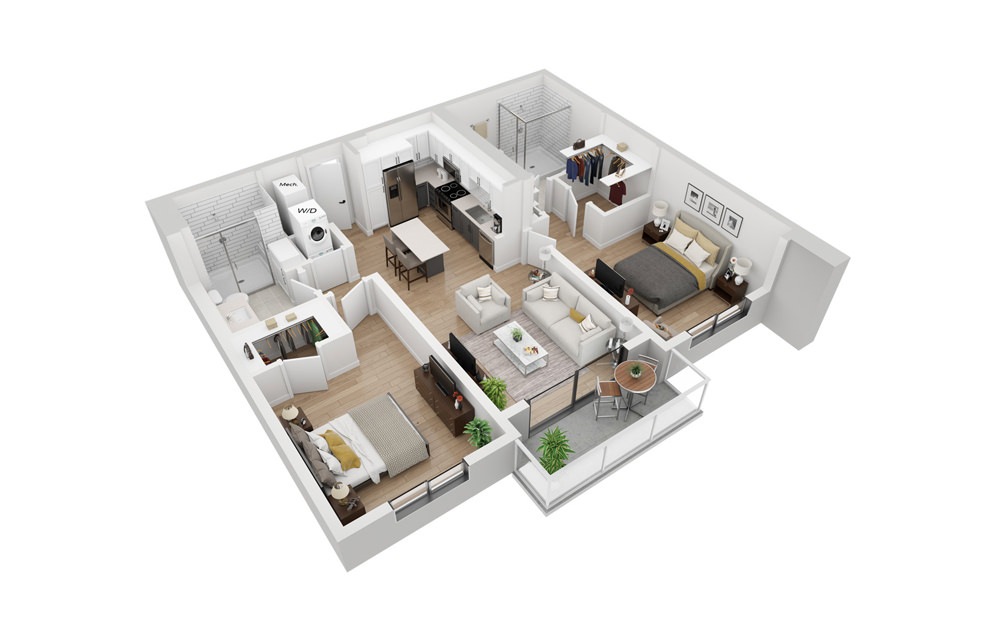 B3 - 2 bedroom floorplan layout with 2 bathrooms and 1031 square feet (3D)