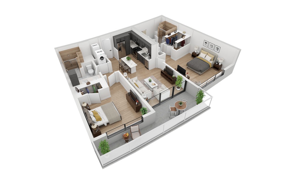 B4 - 2 bedroom floorplan layout with 2 bathrooms and 1109 square feet (3D)