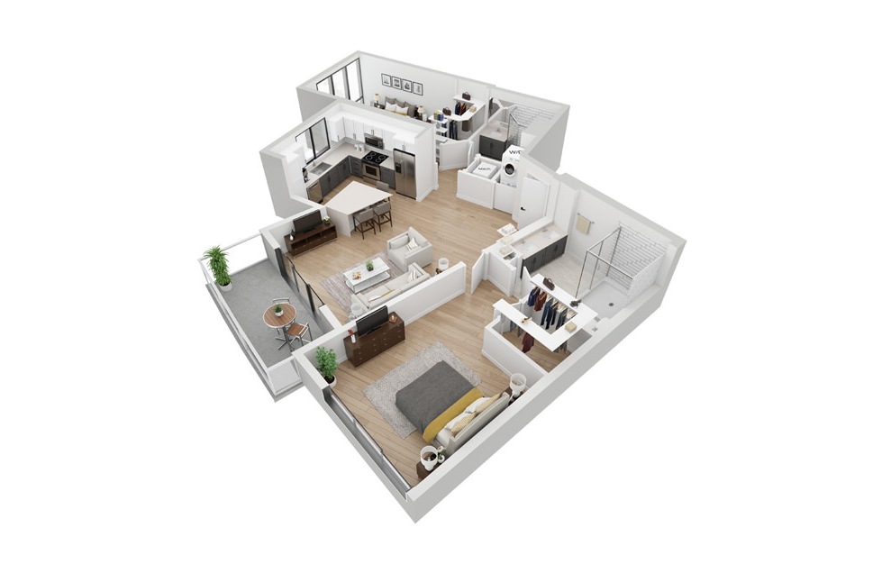 B5 - 2 bedroom floorplan layout with 2 baths and 1227 square feet. (3D)
