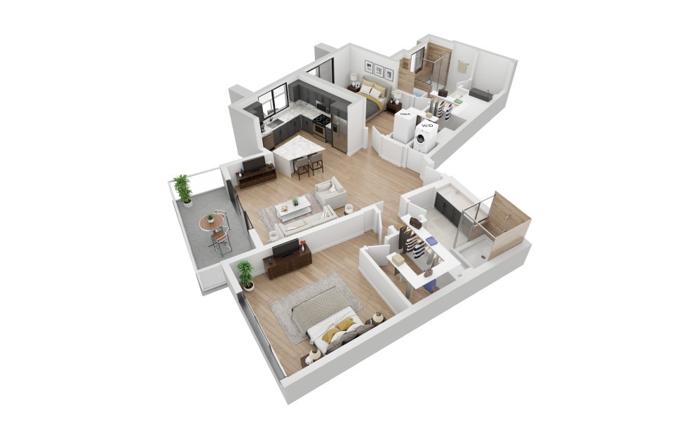 B6 - 2 bedroom floorplan layout with 2 bathrooms and 1330 square feet (3D)