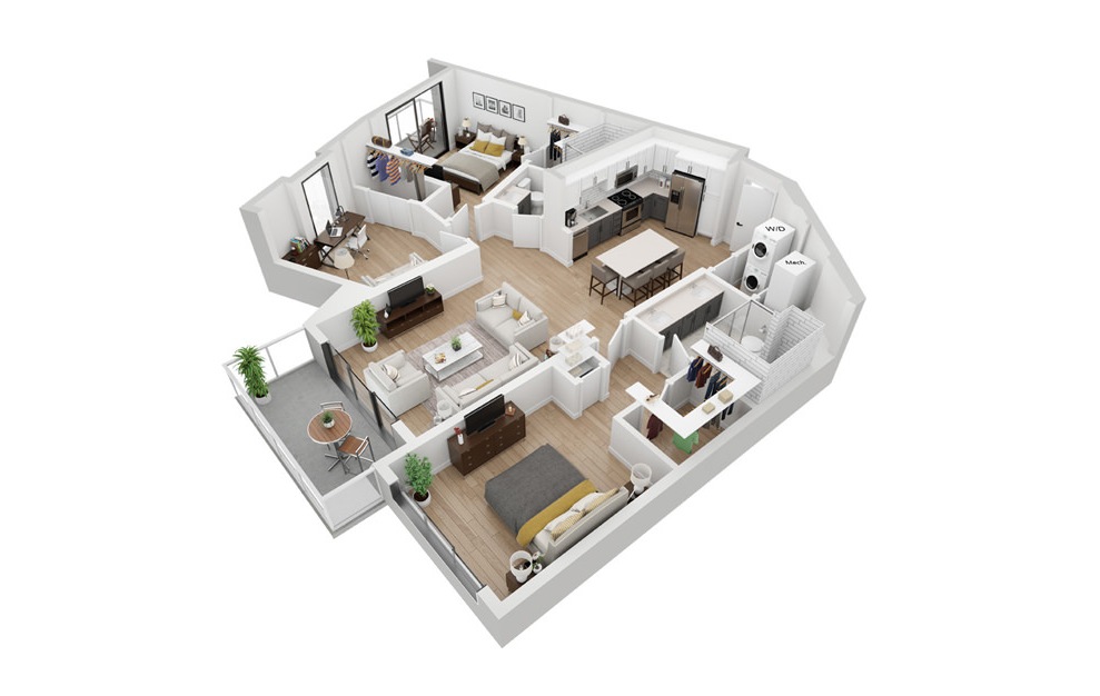 C1 - 3 bedroom floorplan layout with 2 baths and 1308 square feet. (3D)