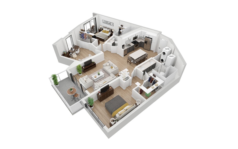 C1 - 3 bedroom floorplan layout with 2 bathrooms and 1308 square feet (3D)