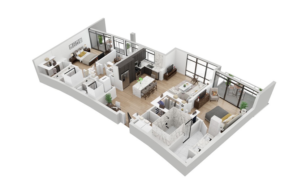Penthouse 1 - 2 bedroom floorplan layout with 3 baths and 1484 square feet. (3D)