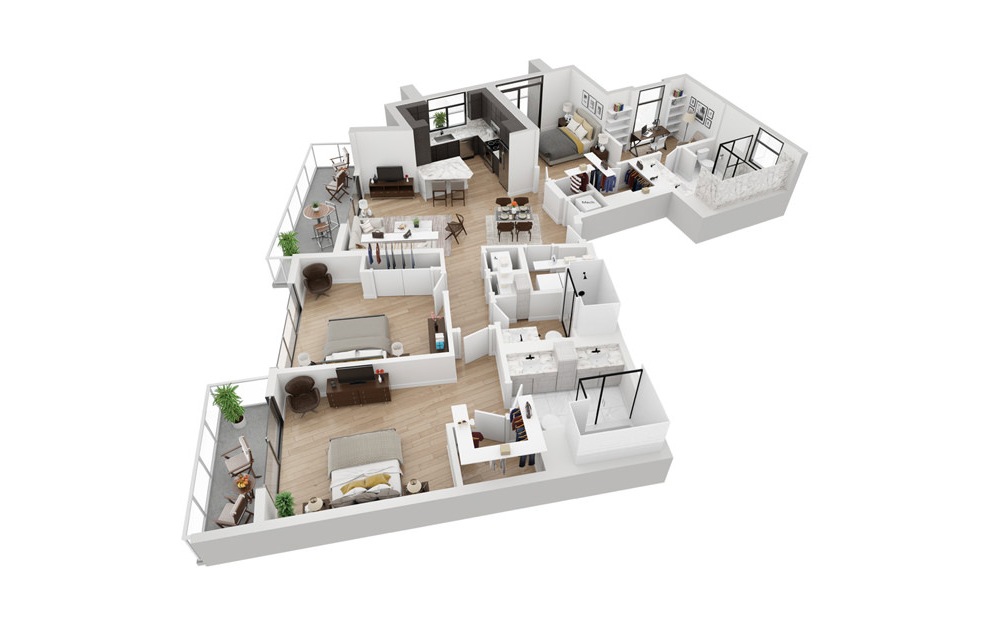 Penthouse 2 - 3 bedroom floorplan layout with 3 baths and 1782 square feet. (3D)