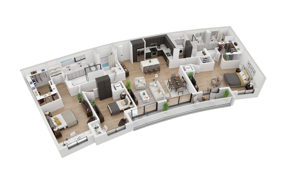 Penthouse 3 - 3 bedroom floorplan layout with 3 baths and 1947 square feet. (3D)