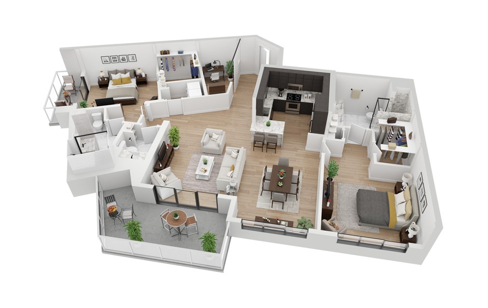 Penthouse 4 - 2 bedroom floorplan layout with 2.5 baths and 1667 square feet. (3D)