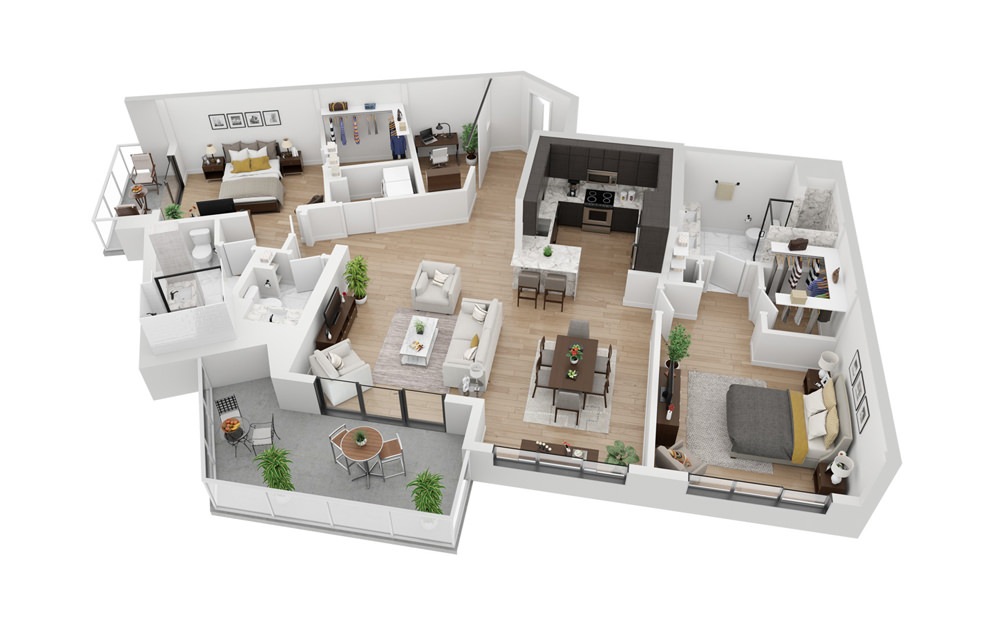 Penthouse 4 - 2 bedroom floorplan layout with 2.5 bathrooms and 1667 square feet (3D)