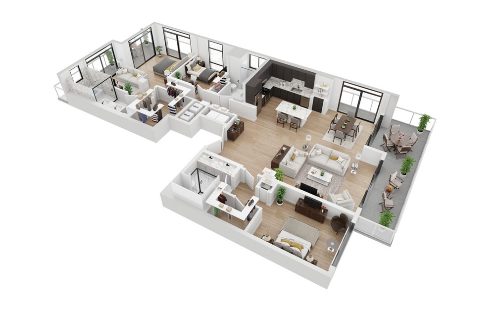 Penthouse 5 - 3 bedroom floorplan layout with 3 bathrooms and 1997 square feet (3D)