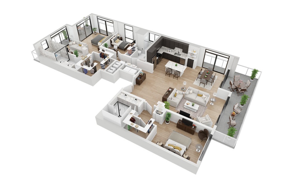 Penthouse 5 - 3 bedroom floorplan layout with 3 baths and 1997 square feet. (3D)