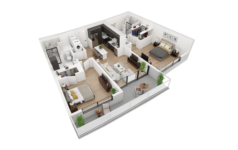 Penthouse 6 - 2 bedroom floorplan layout with 2 baths and 1109 square feet. (3D)