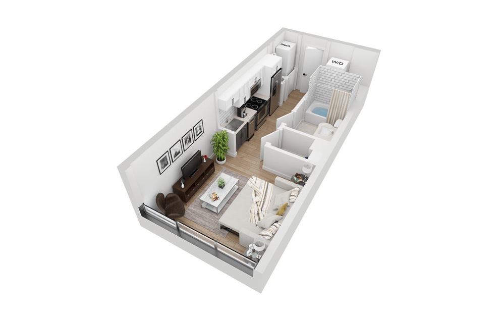 S1 - Studio floorplan layout with 1 bath and 370 square feet. (3D)