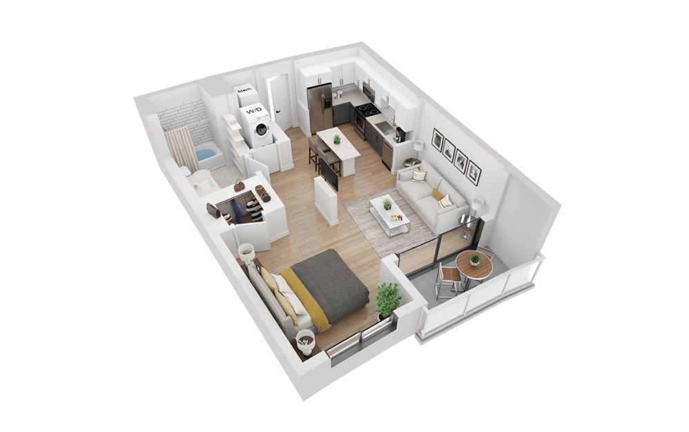 S2 - Studio floorplan layout with 1 bathroom and 590 square feet (3D)