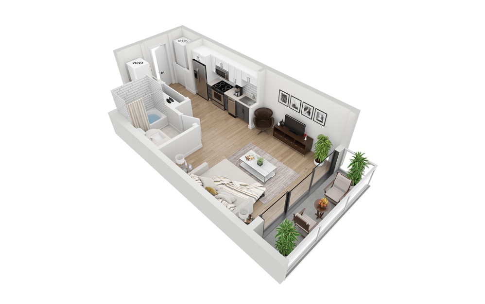 S3 - Studio floorplan layout with 1 bathroom and 429 square feet (3D)