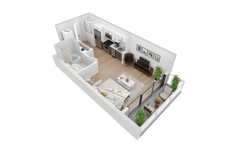 S3 - Studio floorplan layout with 1 bath and 429 square feet. (3D)